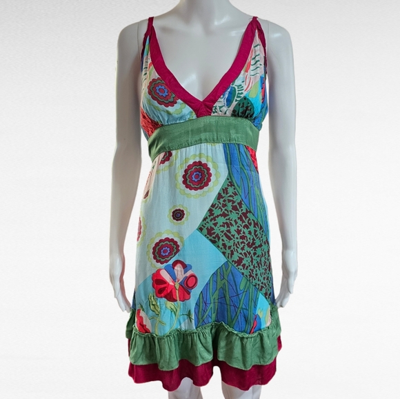 Luv 2 Luv Green & Raspberry Floral Multi Print Patchwork Ruffle Dress Size Small - Picture 1 of 7